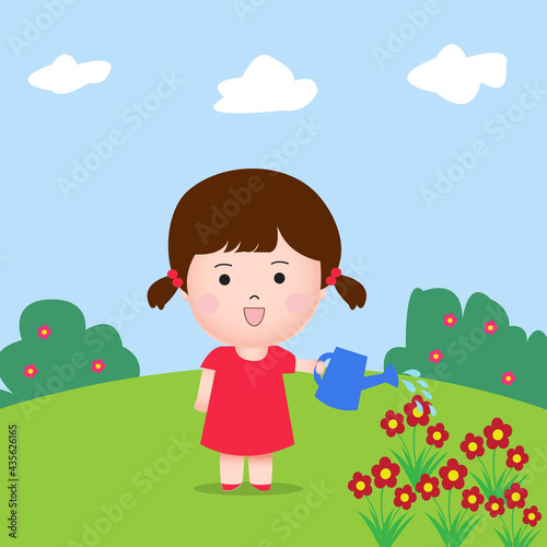 Cute Girl Watering Flower Illustration Vector