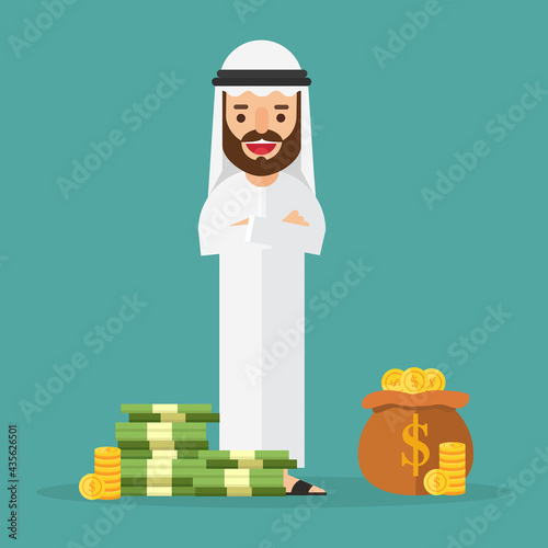 Arabian business man rich with a lot of money and gold