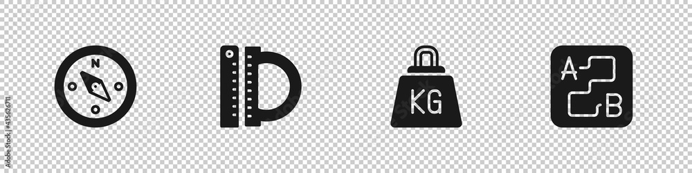 Fototapeta premium Set Compass, Protractor and ruler, Weight and Route location icon. Vector