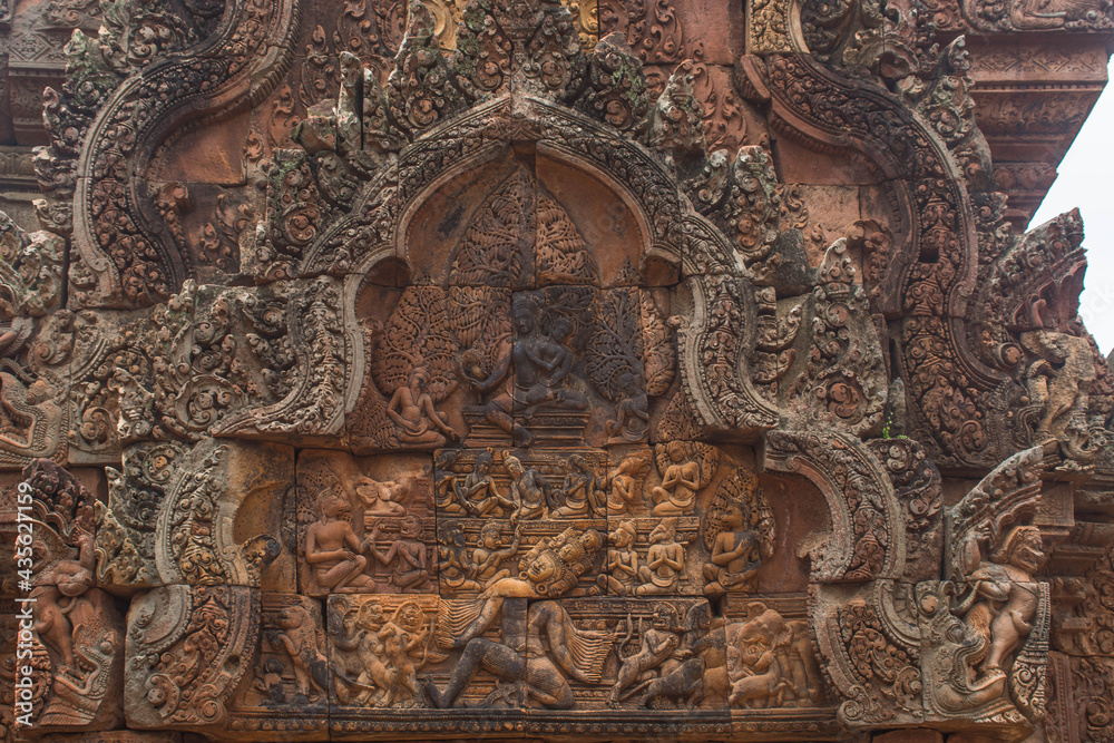 The pattern carvings on the arch of the Banteay Srei, another of Cambodia's most beautiful Khmer castles.