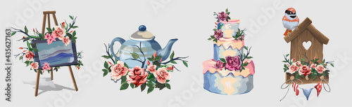 Set with various household items decorated with flowers. Cute little romantic pictures with flowers. Art easel, teapot,big beautiful cake, birdhouse. Beautiful pink roses.Isolated