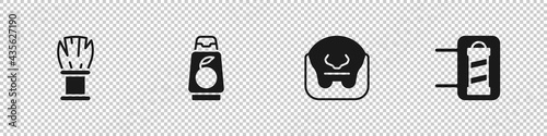 Set Shaving brush, Bottle of shampoo, Mustache and beard and Barber shop pole icon. Vector