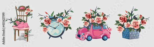 Set with various household items decorated with flowers. Cute little romantic pictures with flowers. Alarm clock, beautiful fishnet chair, gift box, little ping gift car. Beautiful pink roses.Isolated