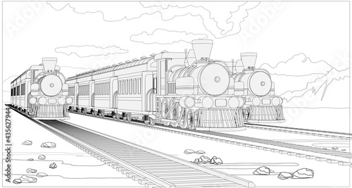 Vector coloring page with 3d models trains and bright landscape. Beautiful vector illustration with train travel. Vintage retro train graphic vector