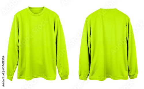 Blank Jersey long sleeve T Shirt color neon green template front and back view on white background
 photo