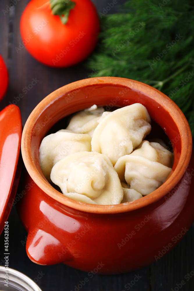 dumplings in a pot closeup vegetables and sour cream on background. Russian pelmeni, dumplings with meat