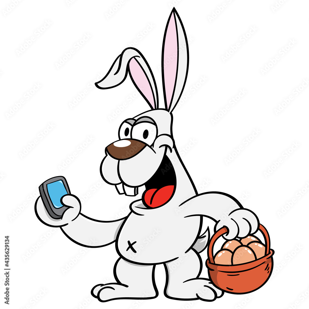 Adorable Rabbit cartoon character delivering egg with easter basket, and finding users location using smartphone, best for mascot or logo for delivering services business
