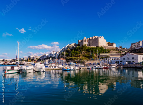 Boats in port and Saint Francis Monastery, Mahon (Mao), Menorca (Minorca), Balearic Islands, Mediterranean