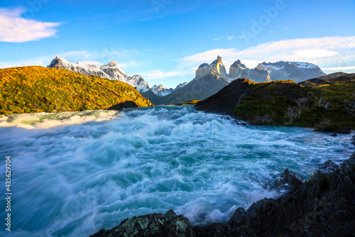 Salto Grande Waterfall and Los Cuernos del Paine, Torres del Paine National Park, Ultima Esperanza Province, Magallanes and Chilean Antactica Region, Patagonia, Chile photo