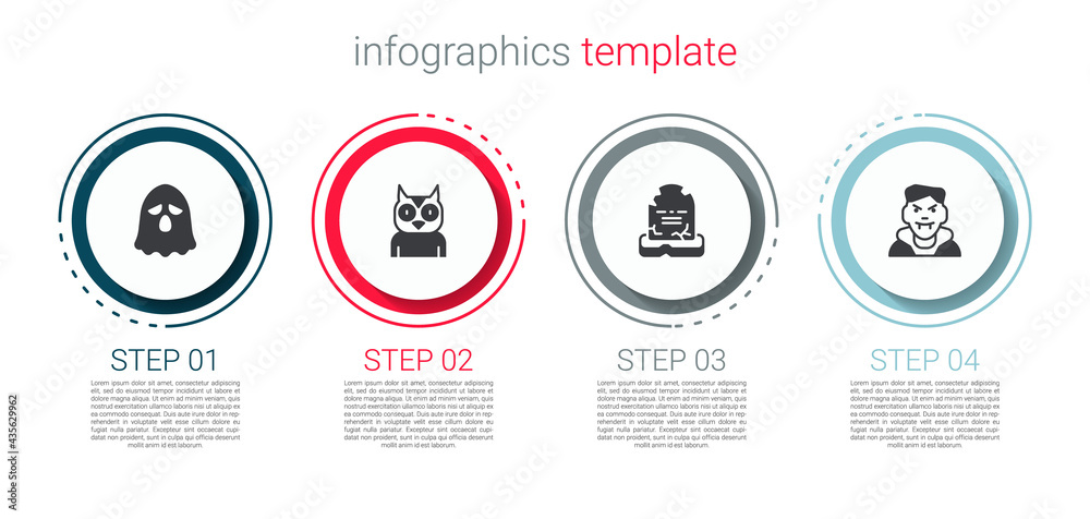 Set Ghost, Owl bird, Tombstone with RIP written and Vampire. Business infographic template. Vector Set Ghost, Owl bird, Tombstone with RIP written and Vampire. Business infographic template. Vector