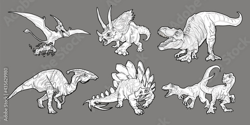 Cartoon dinosaurs set. Realistic dinosaurs collection. Colored predators and herbivores. coloring page, hand drawn illustration. Vector illustration isolated on gray background photo