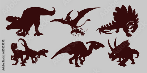 Fototapeta Naklejka Na Ścianę i Meble -  Set with silhouettes of dinosaurs. Style dinosaurs collection emblems, icons and tattoos.Black predators and herbivores. Silhouettes, hand drawn illustration isolated on gray background