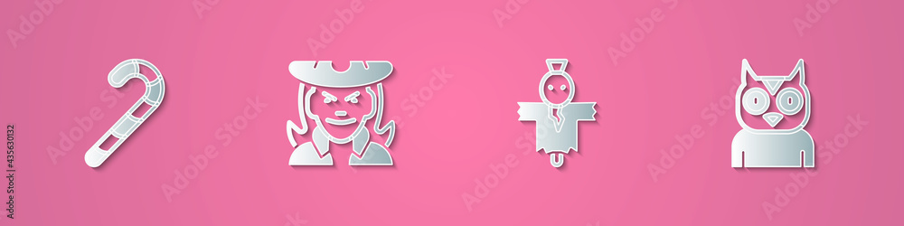 Set paper cut Christmas candy cane, Witch, Scarecrow and Owl bird icon. Paper art style. Vector
