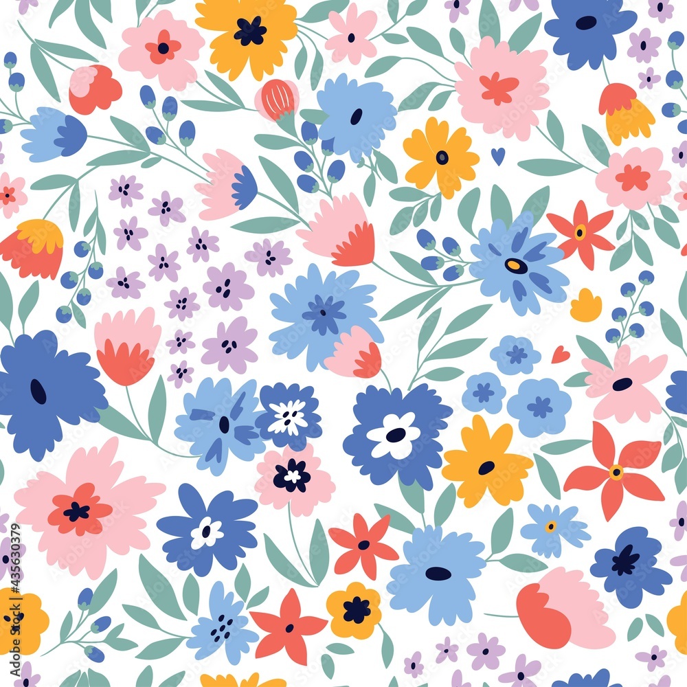 Cute seamless pattern with flowers and leaves. Perfect for wrapping paper, fabric texture, wallpaper