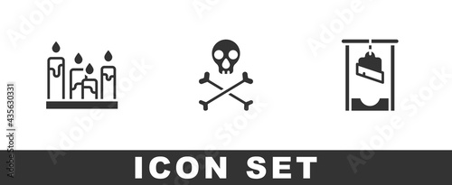 Set Burning candle, Skull on crossbones and Guillotine icon. Vector
