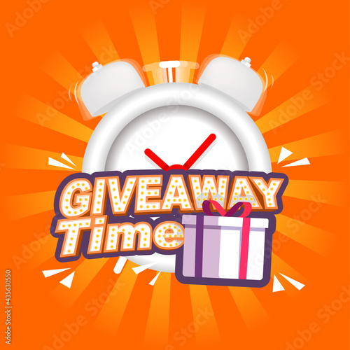 giveaway time. gift box with give away text in front of ringing clock. Banner vector illustration