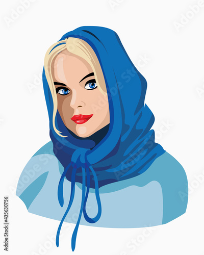 Beautiful blonde girl in a blue scarf.A very nice girl brooding and smiling. Blue Shawl. Emotion woman face. Portrait.Isolated vector illustration