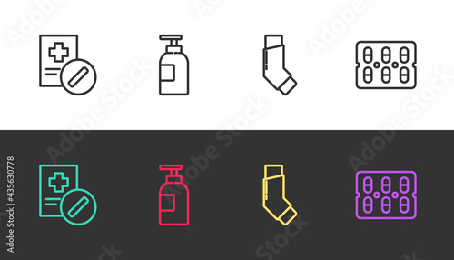 Set line Medical prescription, Hand sanitizer bottle, Inhaler and Pills in blister pack on black and white. Vector