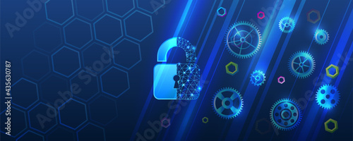 Cybersecurity web banner. Shield icon with gears on a blue background. Personal data protection service. Internet security concept