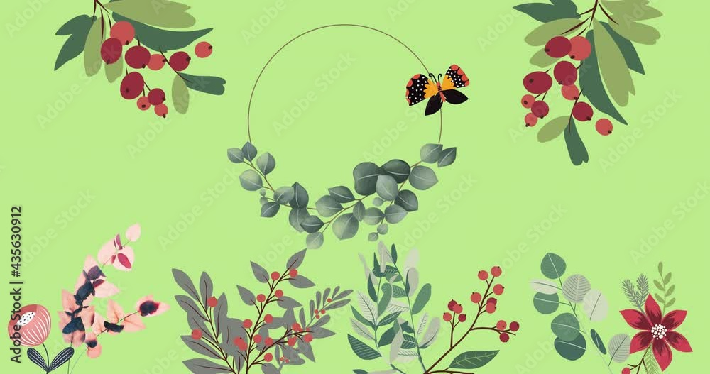 Animation of foliage, berries and flowers with butterfly and circle on green background