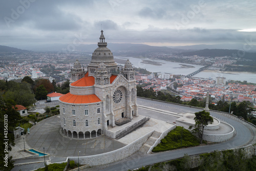 Santa Luzia Church sanctuary, drone aerial view, Viana do Castelo, with city and River Lima in the background, Norte, Portugal