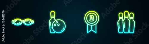 Set line Glasses for swimming, Bowling pin and ball, Medal and . Glowing neon icon. Vector