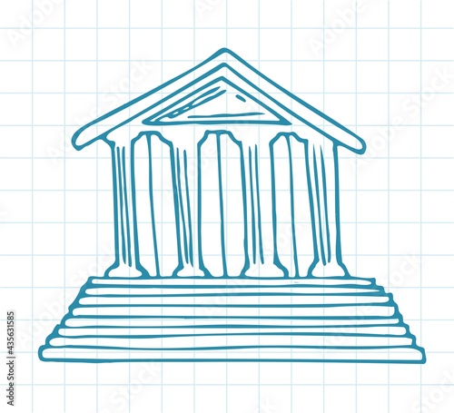 Blue pen sketch of a bank building on a school checkered piece of paper. Vector illustration in doodle style