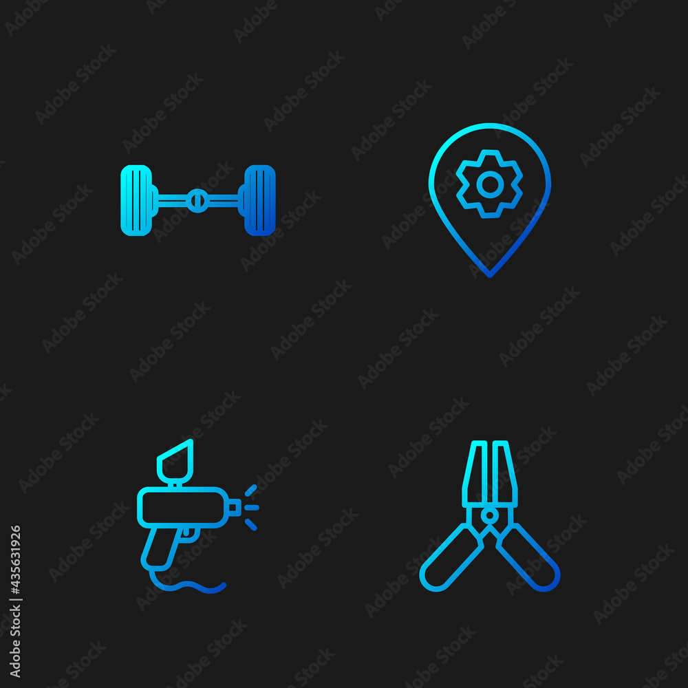Set line Car battery jumper power cable, Paint spray gun, Chassis car and Location with service. Gradient color icons. Vector