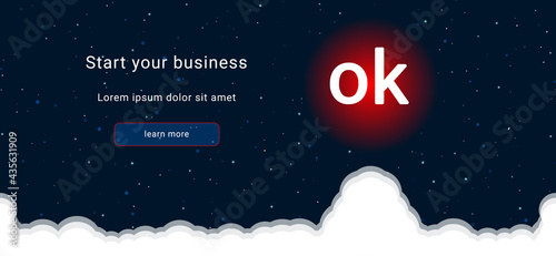 Business startup concept Landing page screen. The ok symbol on the right is highlighted in bright red. Vector illustration on dark blue background with stars and curly clouds from below