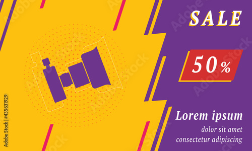 Sale promotion banner with place for your text. On the left is the camera symbol. Promotional text with discount percentage on the right side. Vector illustration on yellow background