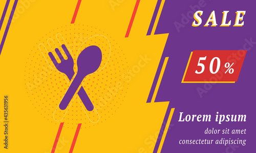 Sale promotion banner with place for your text. On the left is the dinner time symbol. Promotional text with discount percentage on the right side. Vector illustration on yellow background