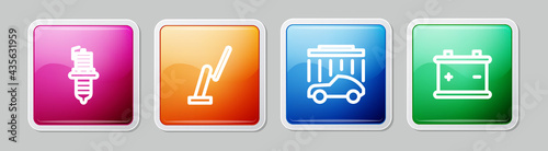Set line Car spark plug, Windscreen wiper, wash and battery. Colorful square button. Vector