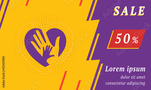Sale promotion banner with place for your text. On the left is the mom with baby symbol. Promotional text with discount percentage on the right side. Vector illustration on yellow background