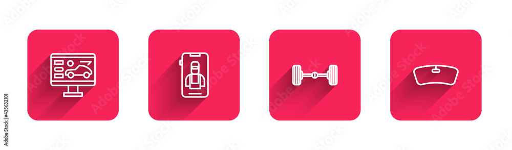 Set line Diagnostics condition of car, Online services, Chassis and Windshield with long shadow. Red square button. Vector Set line Diagnostics condition of car, Online services, Chassis and Windshield with long shadow. Red square button. Vector