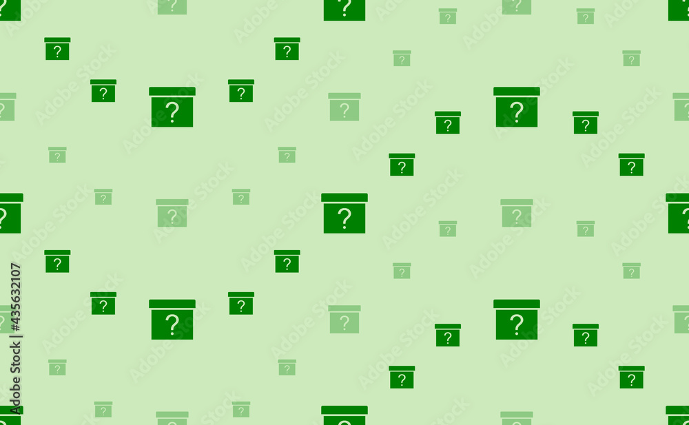 Seamless pattern of large and small green gift box with a question symbols. The elements are arranged in a wavy. Vector illustration on light green background