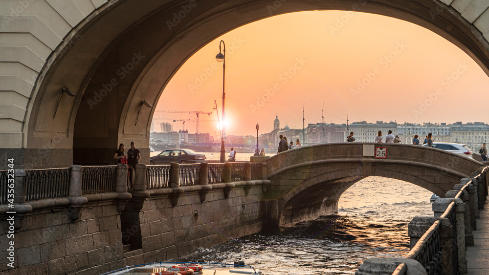 Winter Groove Canal Saint Petersburg Russia. Tourist routes. Sunset through the arch.