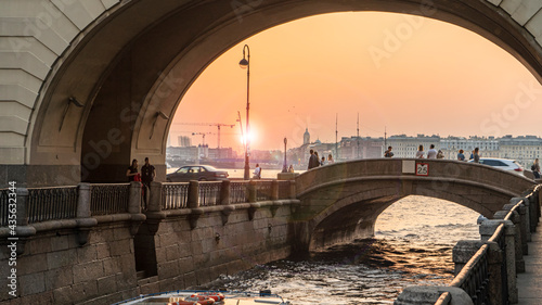 Winter Groove Canal Saint Petersburg Russia. Tourist routes. Sunset through the arch. © kordeo