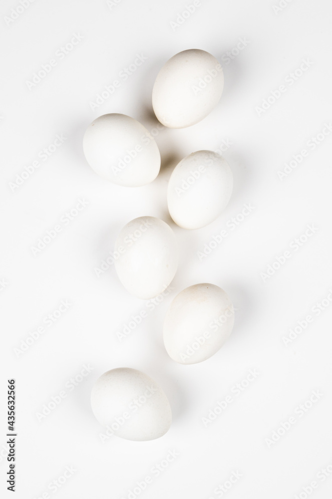 White chicken eggs on white background