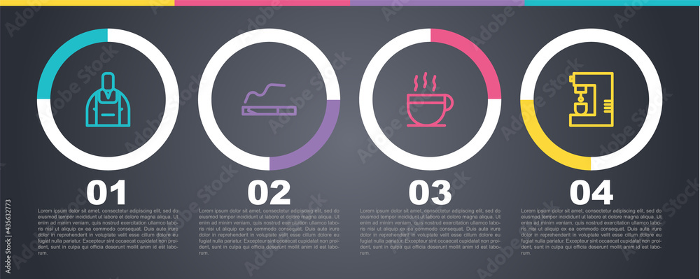 Set line Barista, Cigarette, Coffee cup and machine. Business infographic template. Vector Set line Barista, Cigarette, Coffee cup and machine. Business infographic template. Vector