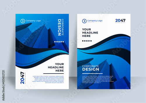 Blue Color Scheme with City Background Business Book Cover Design Template in A4. Easy to adapt to Brochure, Annual Report, Magazine, Poster, Corporate Presentation, Portfolio, Flyer, Banner, Website.