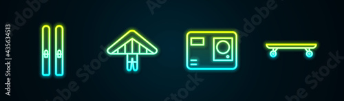 Set line Ski and sticks, Hang glider, Action extreme camera and Longboard or skateboard. Glowing neon icon. Vector