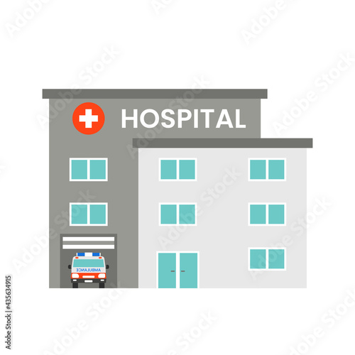 Hospital building with ambulance car, Health and Medical. Isolated on white background. Vector illustration