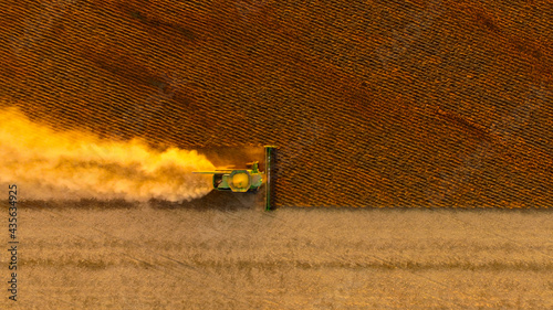 Photography Aerial Photo of Combine Soybean Harvest in North Dakota in October