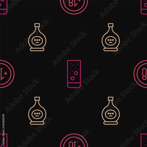 Set line Alcohol 18 plus, Bottle of cognac or brandy and Effervescent tablets in water on seamless pattern. Vector
