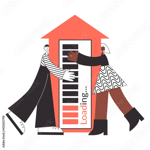 White man and african american women own a house with mortgage loan and have to pay rate. Own real estate property for family concept vector flat isolated illustration.