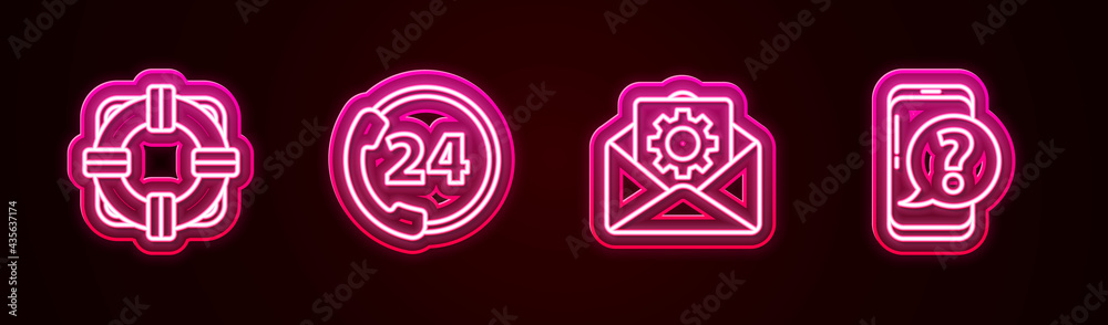 Set line Lifebuoy, Telephone 24 hours support, Envelope setting and Mobile with question. Glowing neon icon. Vector Set line Lifebuoy, Telephone 24 hours support, Envelope setting and Mobile with question. Glowing neon icon. Vector
