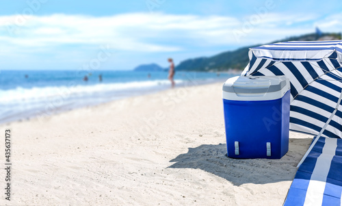 Fototapeta Naklejka Na Ścianę i Meble -  Tourist fridge with beach umbrella. Landscape of beach and ocean . 