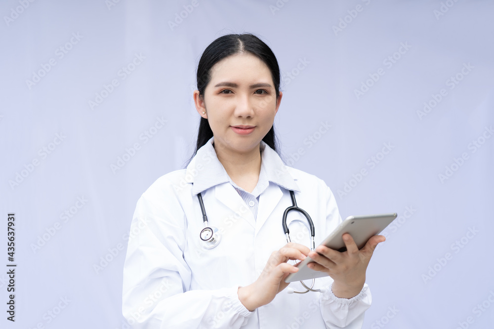 female doctor on modern with Ipad whit background female doctor on modern with Ipad whit background