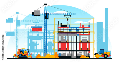 Fototapeta Naklejka Na Ścianę i Meble -  A building under construction against the background of a city under construction. A site with heavy commercial vehicles. Crane, sand. Vector illustration.