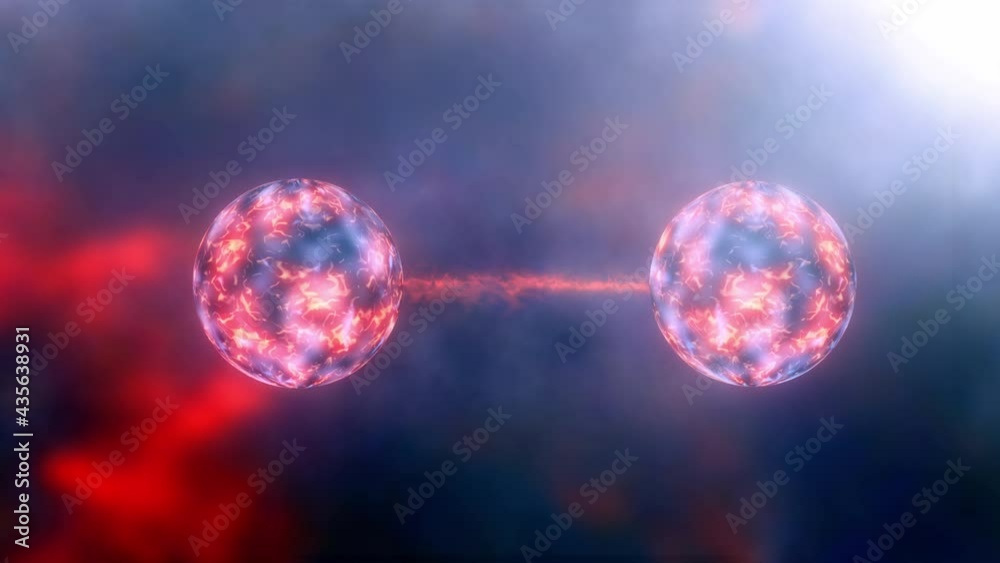 4K 3D Conceptual of Quantum entanglement, future physics science background. Quantum state of each particle. Two particles share coherence in quantum state: position, momentum, spin, polarization.
